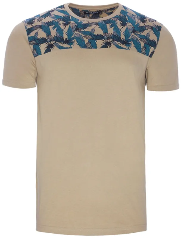 Ramirez Feather Print Panel Crew Neck T-Shirt in Mushroom sold by Tokyo Laundry