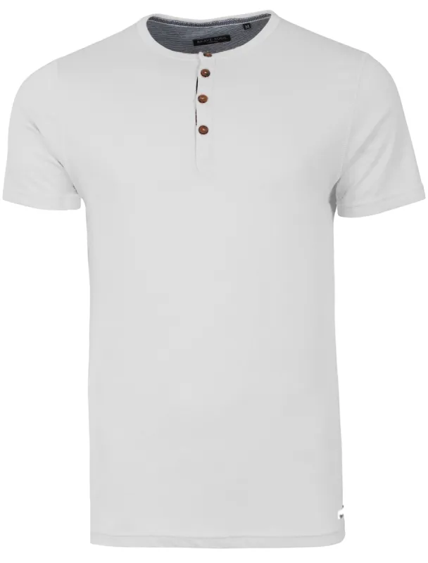Quartz Henley Neck Short Sleeve Cotton T-Shirt In White made by Brave Soul