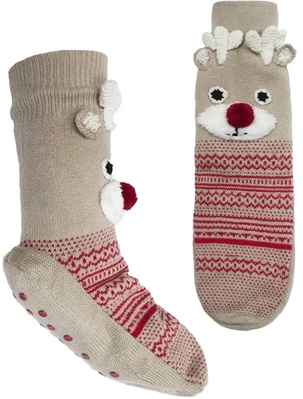 Ladies Harmony Borg Lined Reindeer 3D Knitted Slipper Socks in Coffee sold by Tokyo Laundry