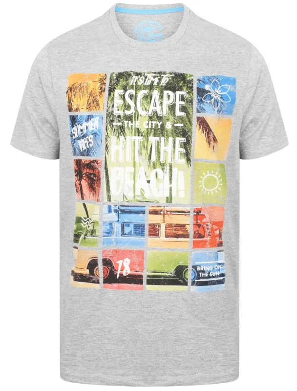 Escape Motif Cotton Crew Neck T-Shirt In Light Grey Marl - South Shore sold by Tokyo Laundry