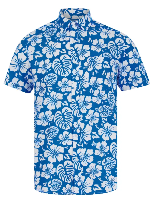 Hamoa Tropical Floral Print Short Sleeve Cotton Poplin Hawaiian Shirt in Super Sonic - Tokyo Laundry sold by Tokyo Laundry