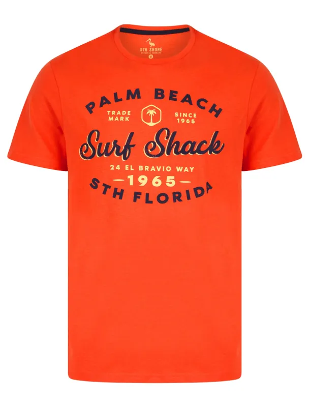 Palm Beach 2 Motif Cotton Jersey T-Shirt in Hot Coral - South Shore sold by Tokyo Laundry