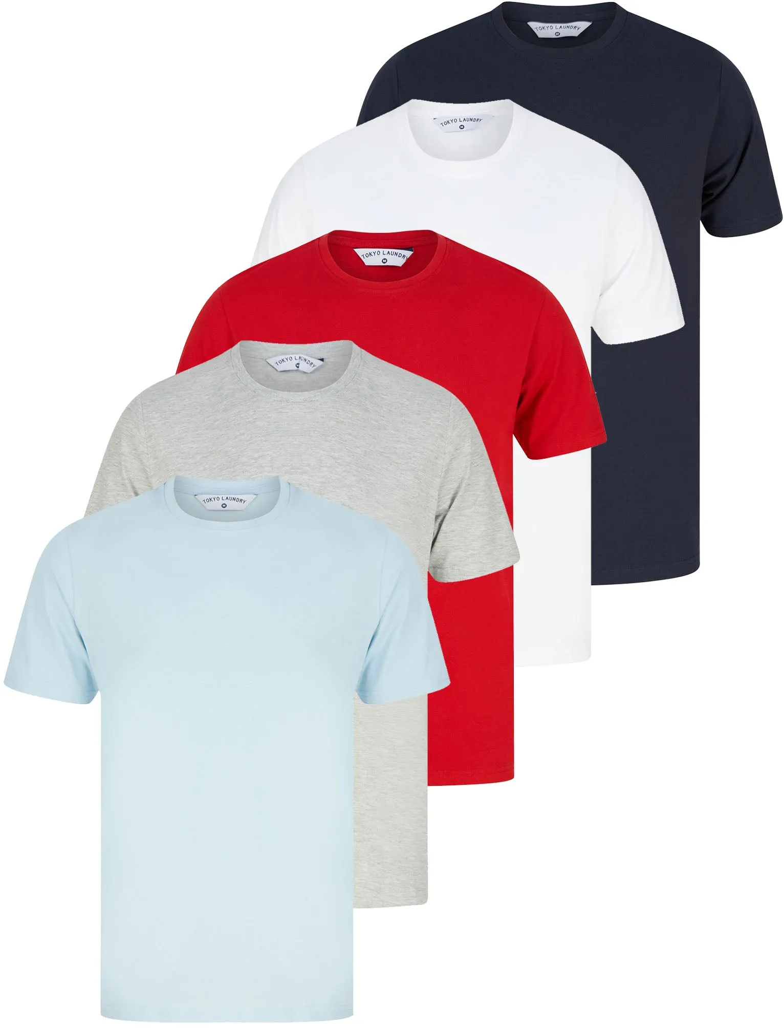 Bilton (5 Pack) Cotton Jersey Basic T-Shirt Set In Red / Navy / Grey Marl / White / Angel Falls Blue - Tokyo Laundry sold by Tokyo Laundry