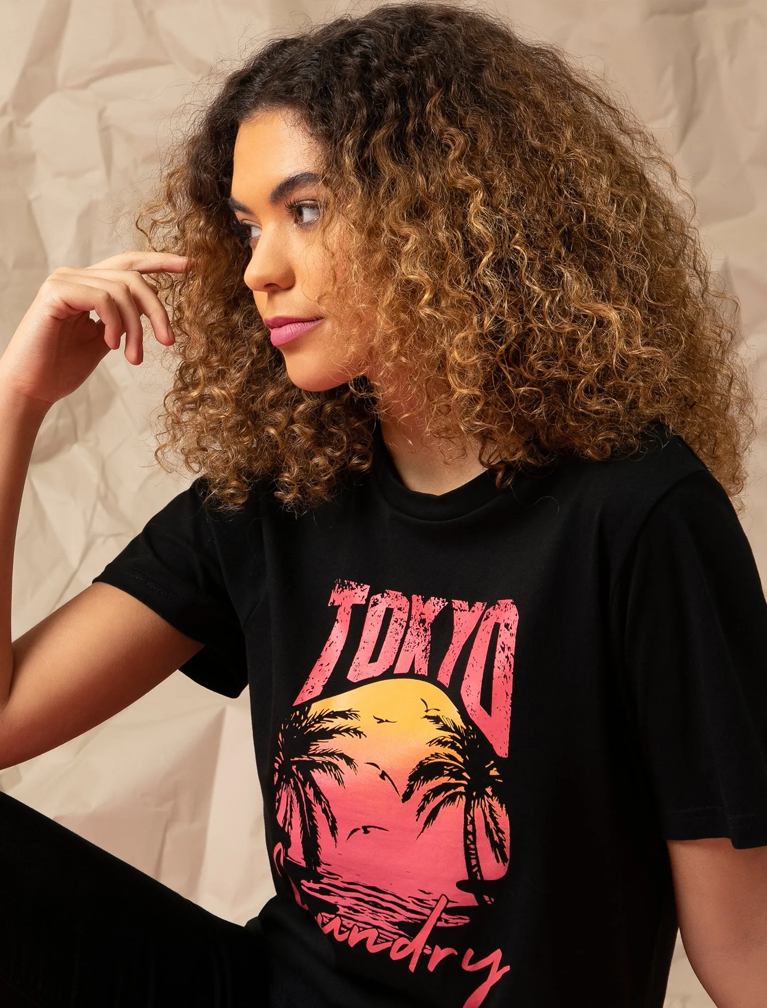 Palma Sunset Motif Cotton Jersey T-Shirt in Jet Black - Tokyo Laundry sold by Tokyo Laundry