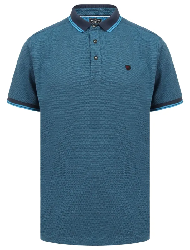 Goldsmith Jacquard Jersey Polo Shirt with Tipping In Mid Blue - Kensington Eastside sold by Tokyo Laundry