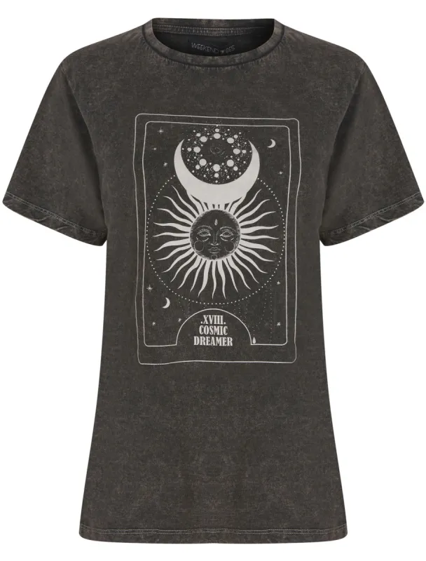 Celestial Motif Acid Wash Cotton T-Shirt in Pirate Black - Weekend Vibes sold by Tokyo Laundry