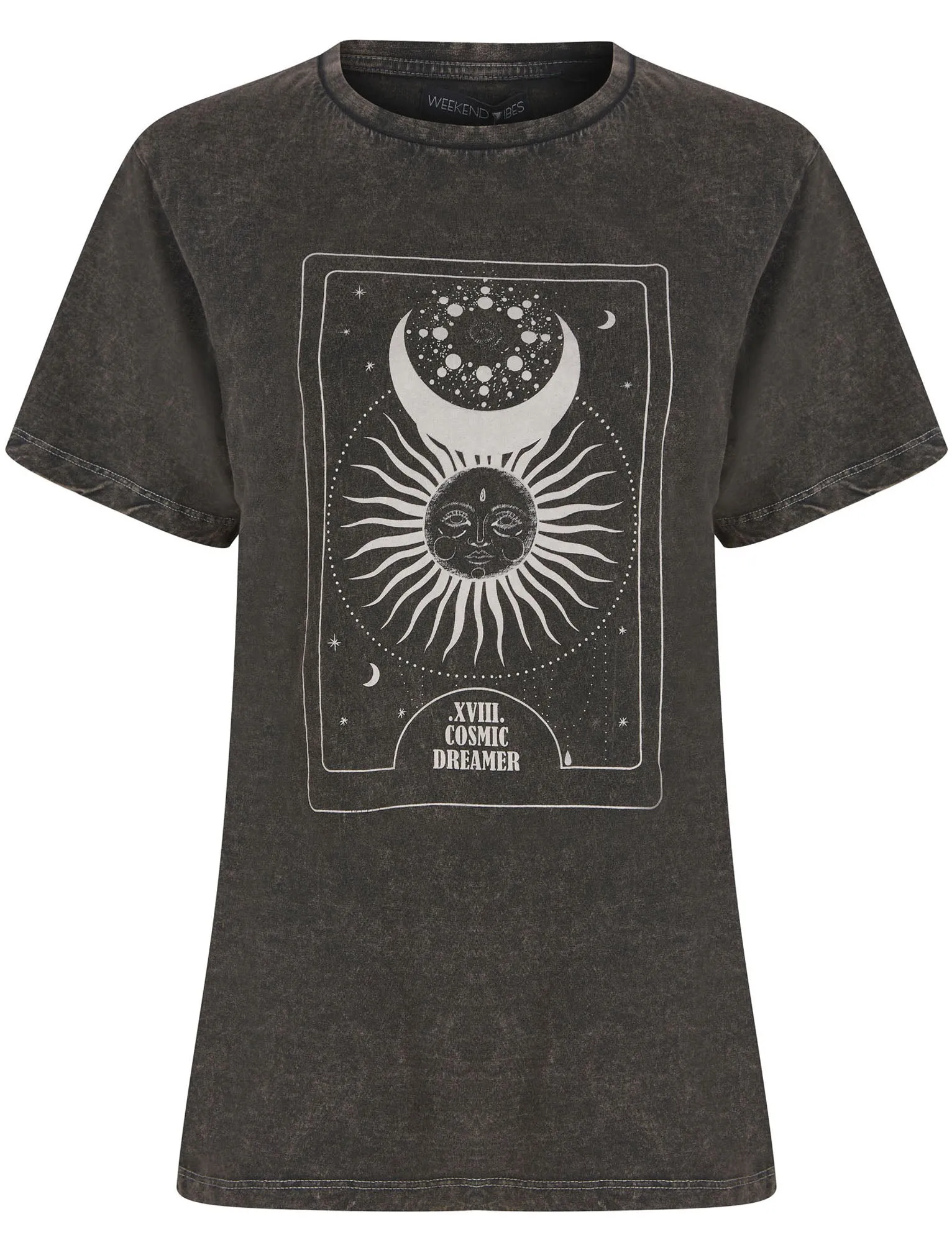 Celestial Motif Acid Wash Cotton T-Shirt in Pirate Black - Weekend Vibes sold by Tokyo Laundry