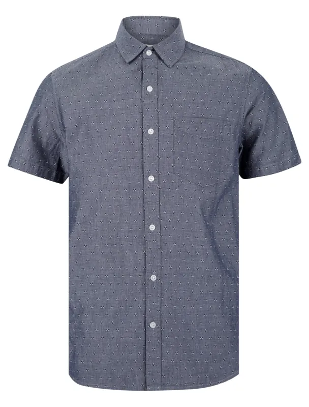 Caparica Patterned Floral Print Short Sleeve Cotton Chambray Shirt in Mid Blue - Tokyo Laundry sold by Tokyo Laundry