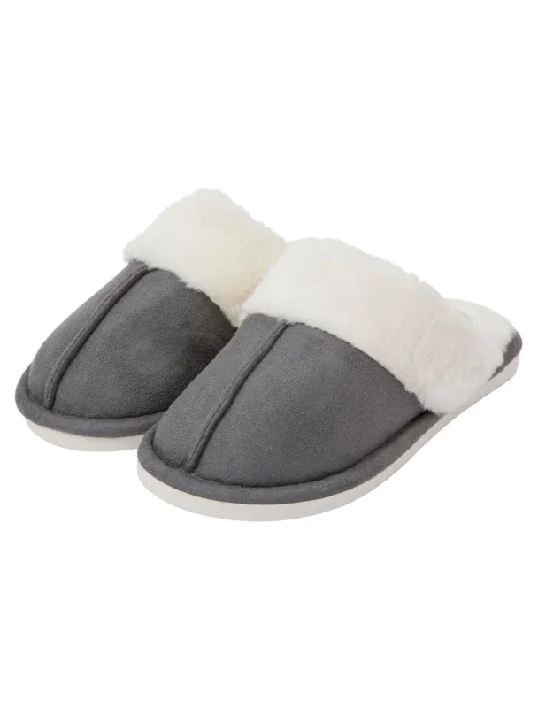 Rio Faux Suede Mule Slippers with Faux Fur Lining & Trim in Grey - Tokyo Laundry sold by Tokyo Laundry