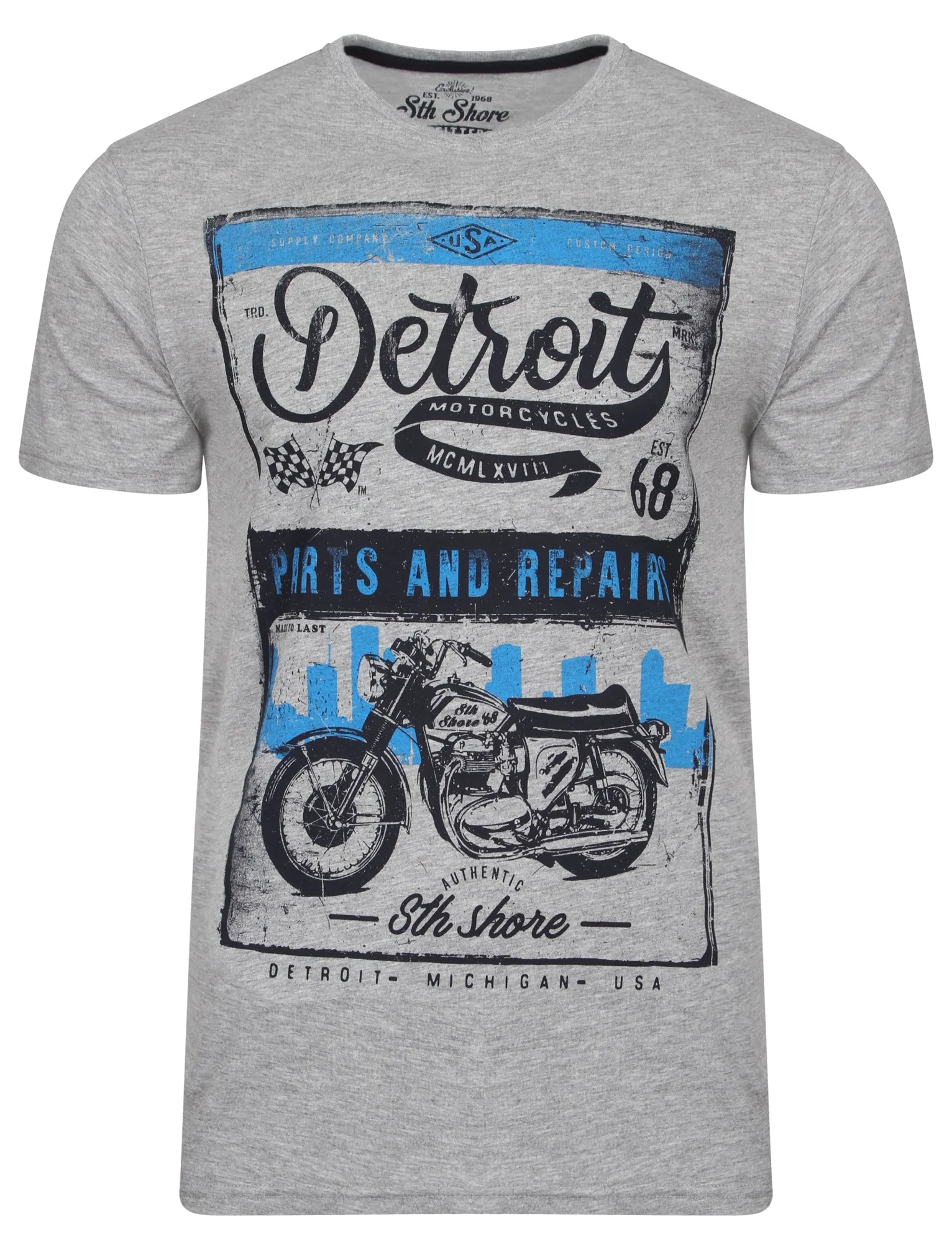Marty Detroit Motorbike Print T-Shirt in Light Grey Marl - South Shore sold by Tokyo Laundry