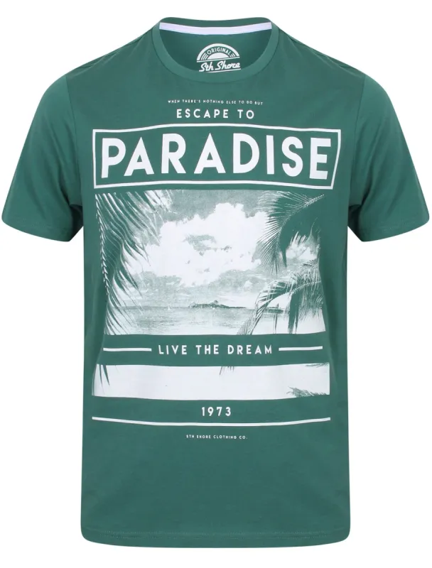 Paradise Motif Cotton T-Shirt In Mallard Green - South Shore sold by Tokyo Laundry