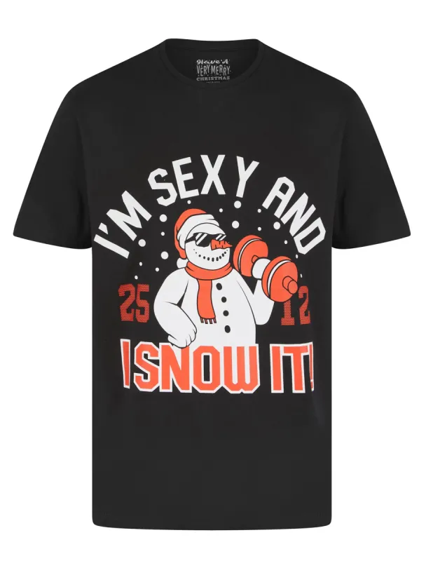 Men's Snowman Weights Motif Novelty Cotton Christmas T-Shirt in Jet Black - Merry Christmas sold by Tokyo Laundry