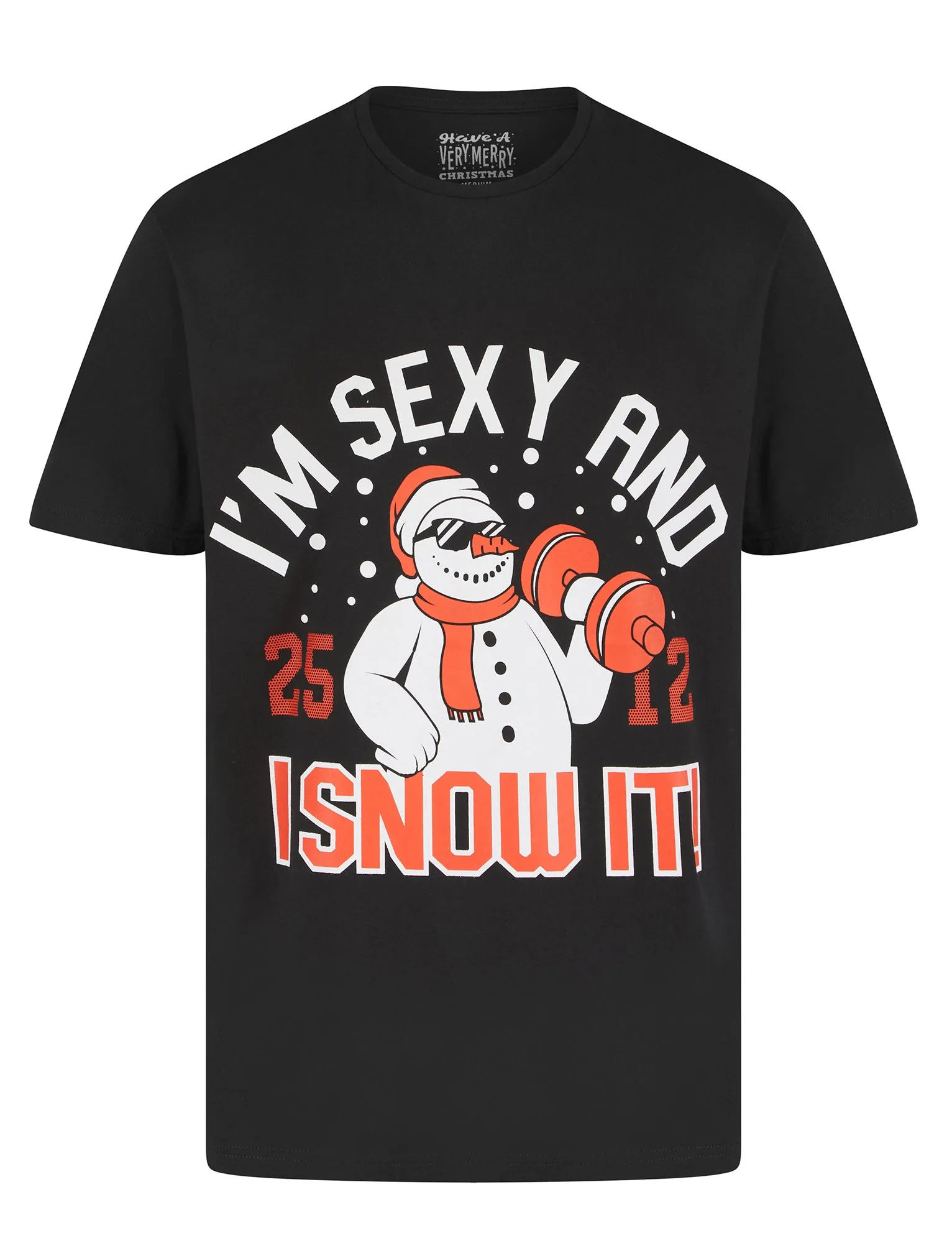 Men's Snowman Weights Motif Novelty Cotton Christmas T-Shirt in Jet Black - Merry Christmas sold by Tokyo Laundry