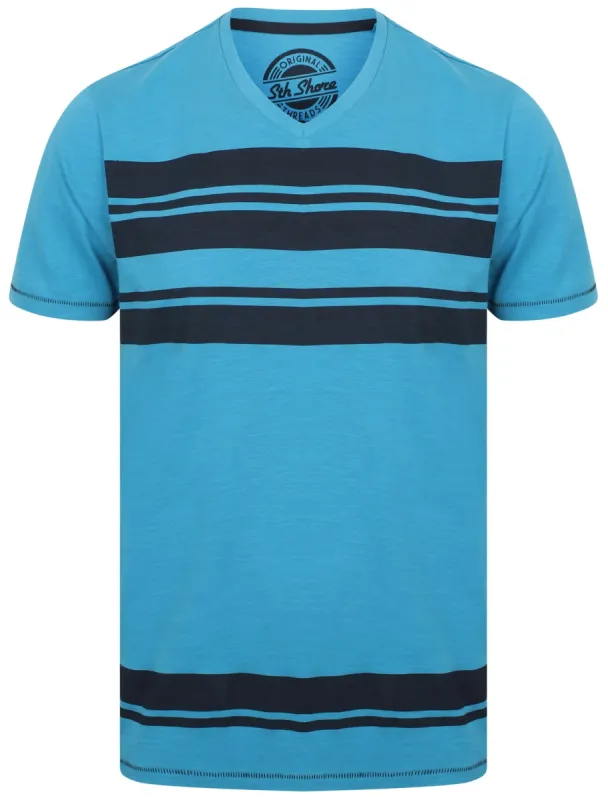 Sungai V Neck Striped Cotton T-Shirt In Swedish Blue - South Shore sold by Tokyo Laundry