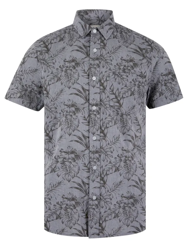 Lantana Palm Leaf Print Short Sleeve Cotton Chambray Hawaiian Style Shirt in Light Grey - Tokyo Laundry sold by Tokyo Laundry