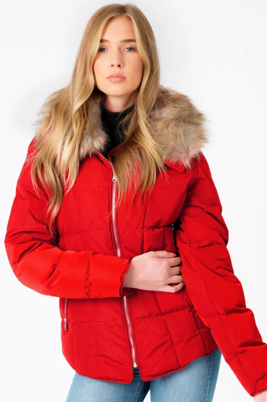 Bertie Funnel Neck Quilted Puffer Jacket With Detachable Fur Trim In Crimson - Tokyo Laundry sold by Tokyo Laundry