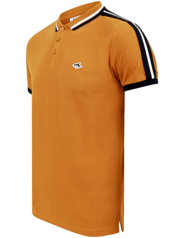 Crown Cotton Pique Polo Shirt with Racer Stripe Sleeves In Buckthorn Brown - Le Shark sold by Tokyo Laundry