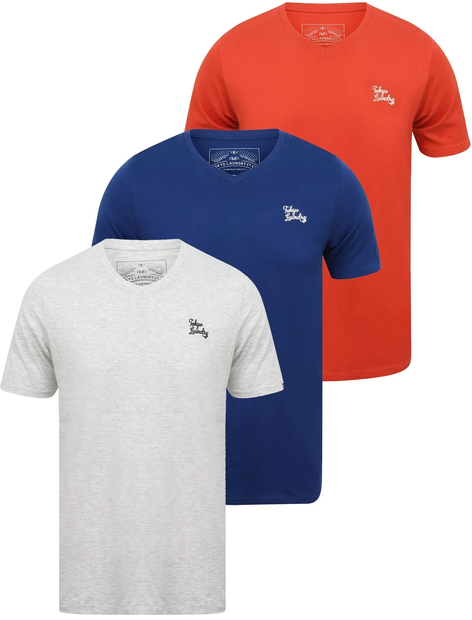 Essentials (3 Pack) V Neck Cotton T-Shirts In Washed Red / Sodalite Blue / Ice Grey Marl - Tokyo Laundry sold by Tokyo Laundry