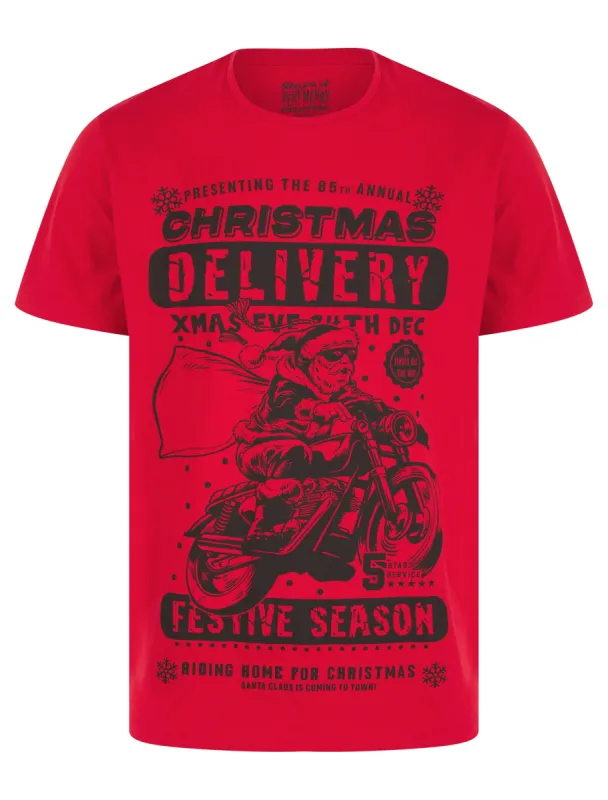 Men's Christmas Delivery Motif Novelty Cotton Christmas T-Shirt in Barados Cherry - Merry Christmas sold by Tokyo Laundry