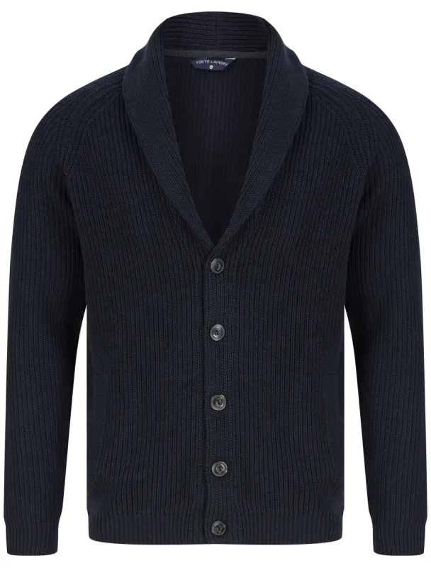 Hurd Rib Knit Cotton Rich Shawl Neck Cardigan in Navy - Tokyo Laundry sold by Tokyo Laundry