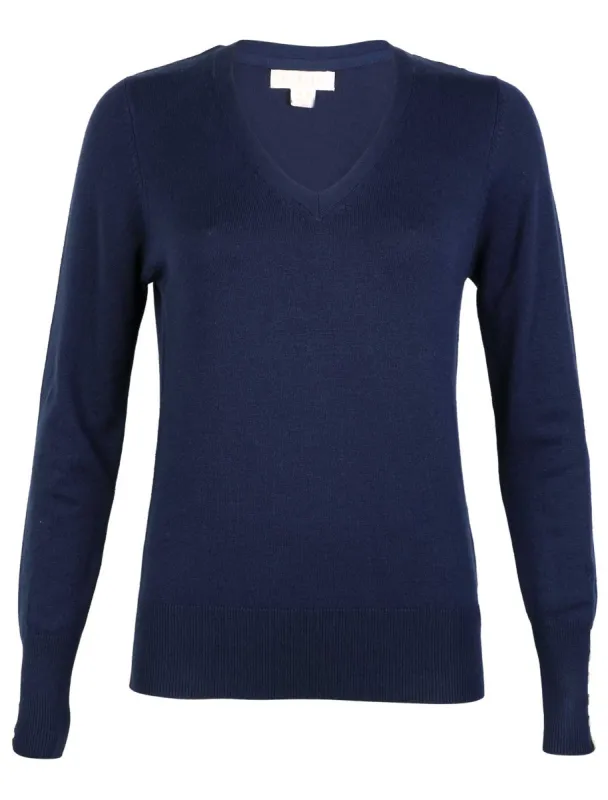 Plum Tree Almond Blossom v neck jumper in Navy made by Tokyo Laundry