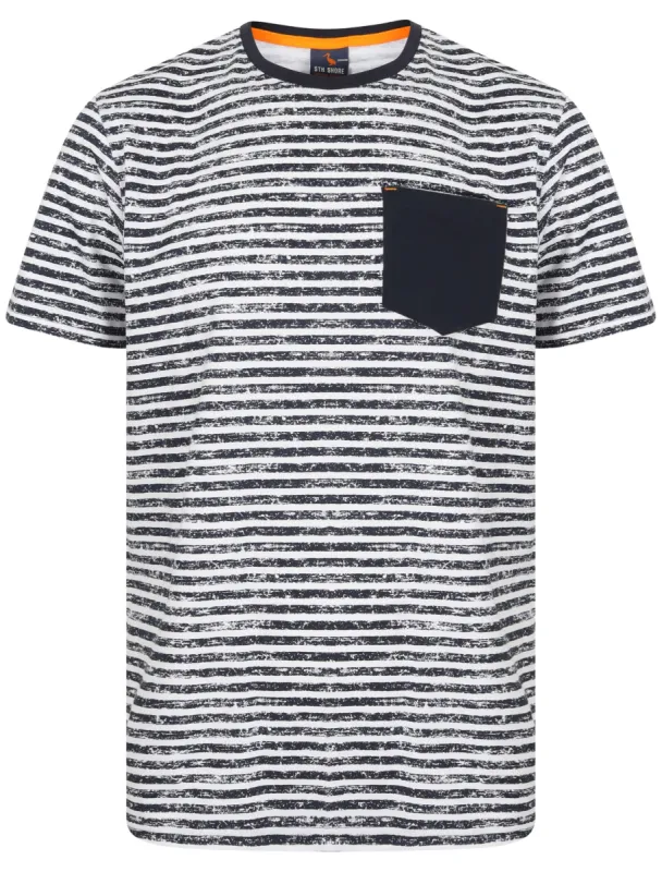 Ashwood Distressed Striped Cotton Jersey T-Shirt with Chest Pocket in Iris Navy / Optic White - South Shore sold by Tokyo Laundry