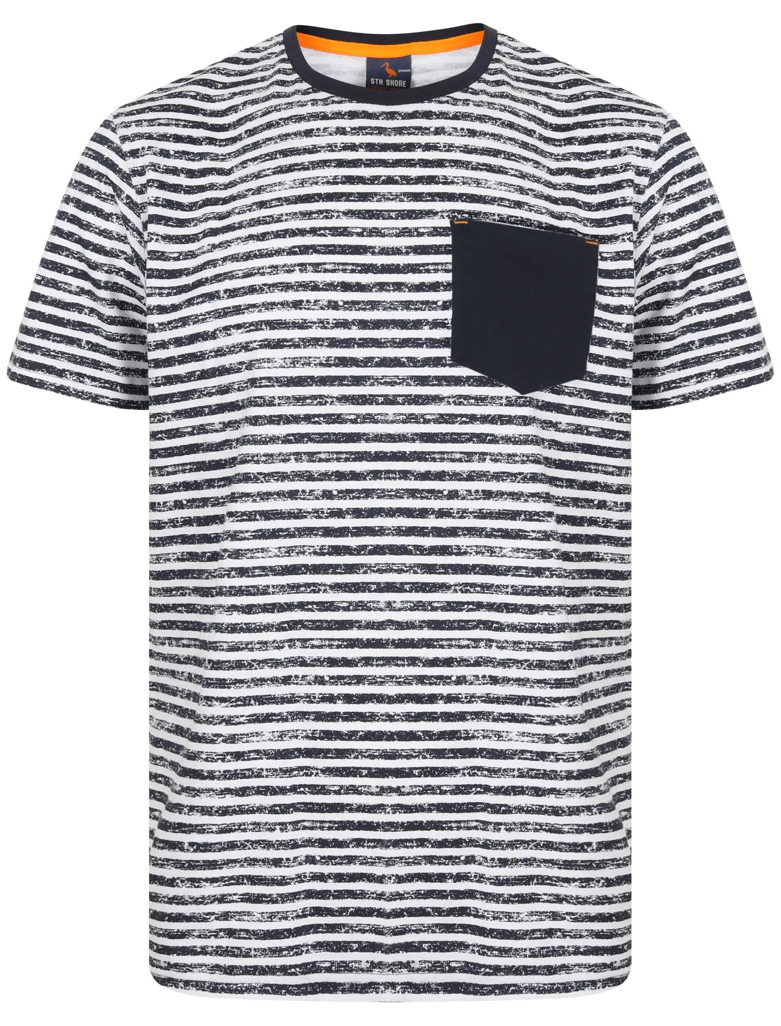 Ashwood Distressed Striped Cotton Jersey T-Shirt with Chest Pocket in Iris Navy / Optic White - South Shore sold by Tokyo Laundry
