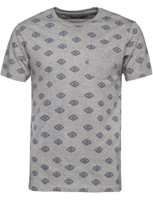 Berdan Aztec Print Crew Neck T-Shirt with Pocket in Grey Marl sold by Tokyo Laundry