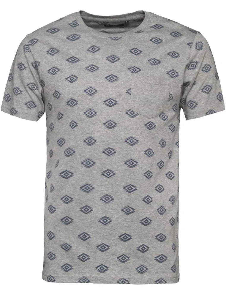 Berdan Aztec Print Crew Neck T-Shirt with Pocket in Grey Marl sold by Tokyo Laundry