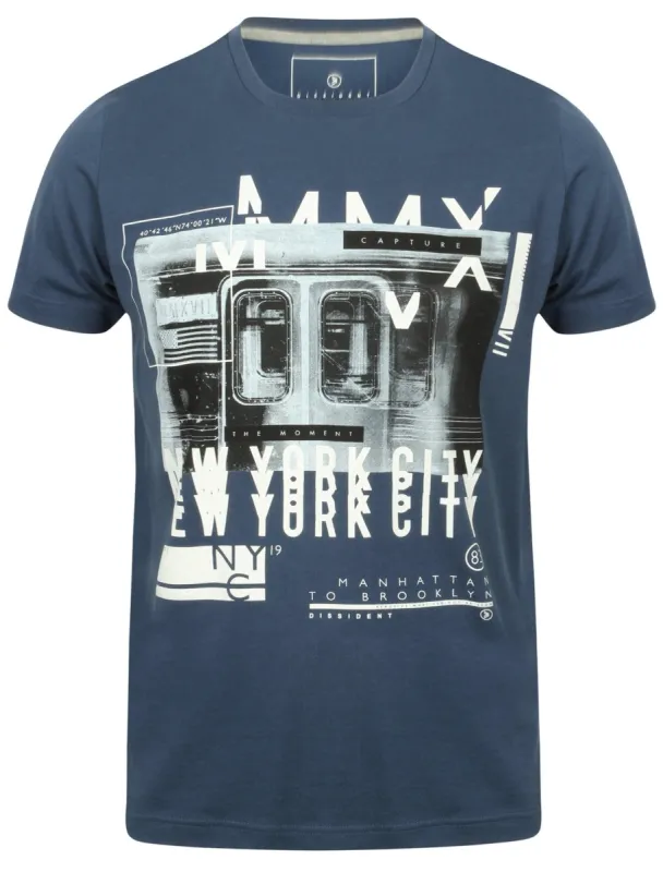Platform Motif Print Cotton T-Shirt In Reflex Blue - Dissident sold by Tokyo Laundry