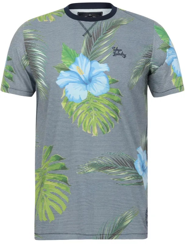 Waikawa Striped Tropical Palm Printed T-Shirt In Iris Navy - Tokyo Laundry sold by Tokyo Laundry
