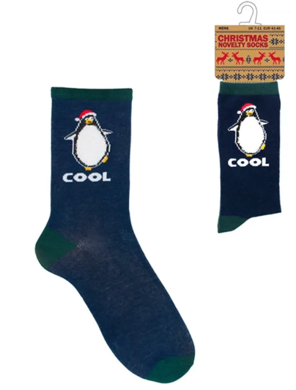 Mens Noel Penguin Cool Novelty Christmas Socks in Blue sold by Tokyo Laundry