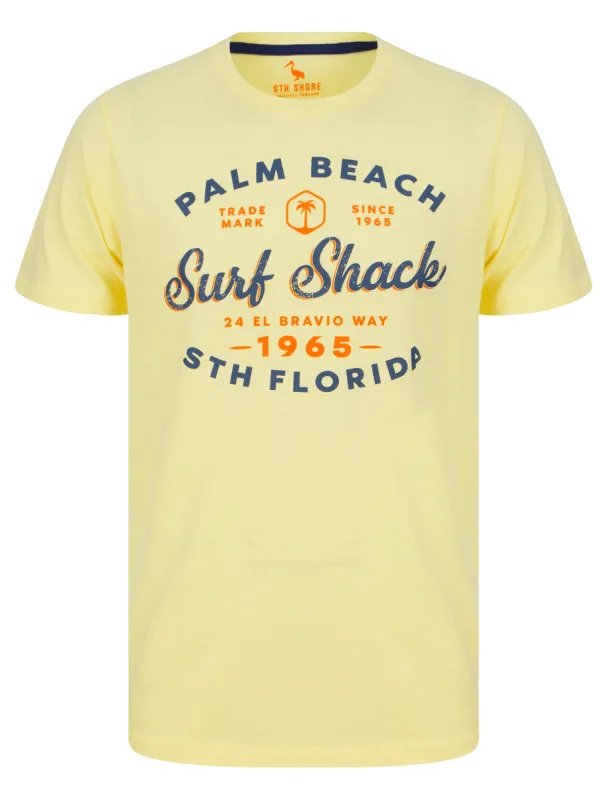 Palm Beach Motif Cotton Jersey T-Shirt in Pastel Yellow - South Shore sold by Tokyo Laundry