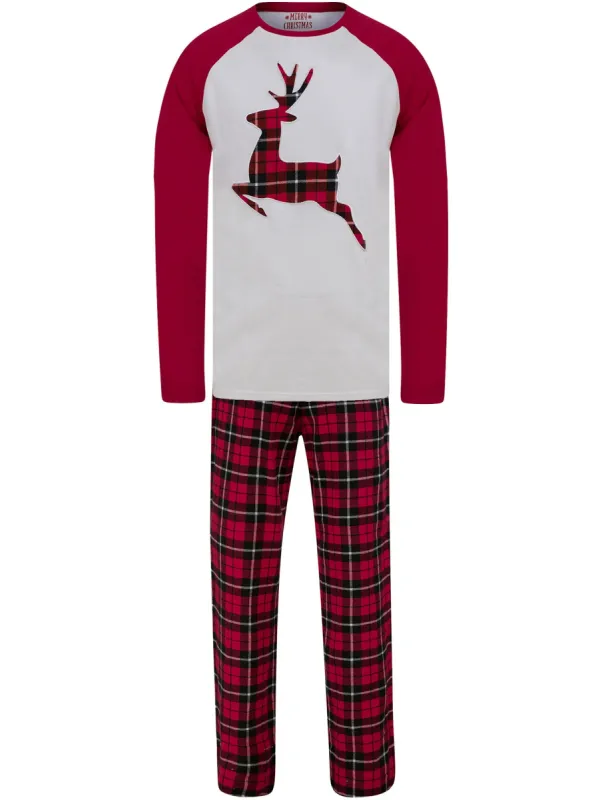 Men's Reindeer Applique 2pc Lounge Pyjama Set in White / Red Black Check - Merry Christmas sold by Tokyo Laundry