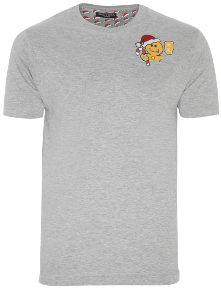 Ginger Bite Me Novelty Christmas T-Shirt with Chest Pocket In Light Grey Marl sold by Tokyo Laundry