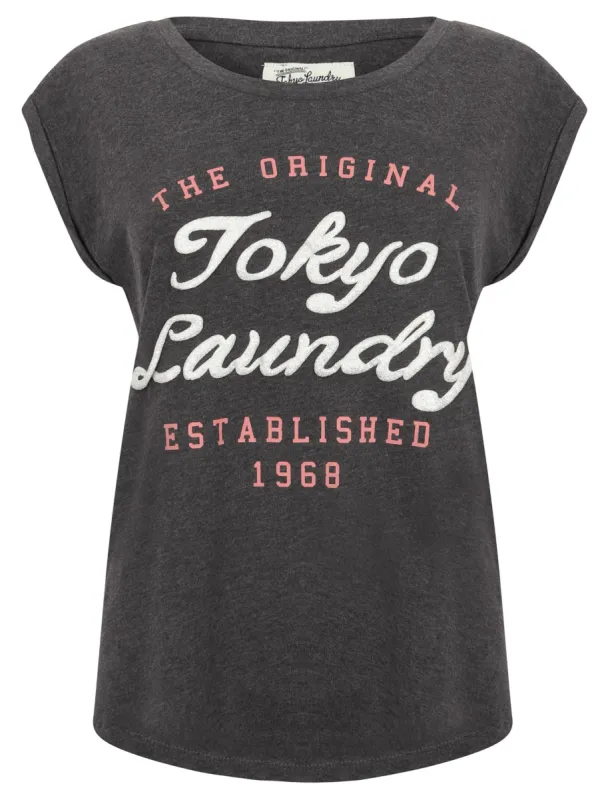 Cariana Cotton T-Shirt with Turn-Up Sleeves In Dark Marl - Tokyo Laundry sold by Tokyo Laundry