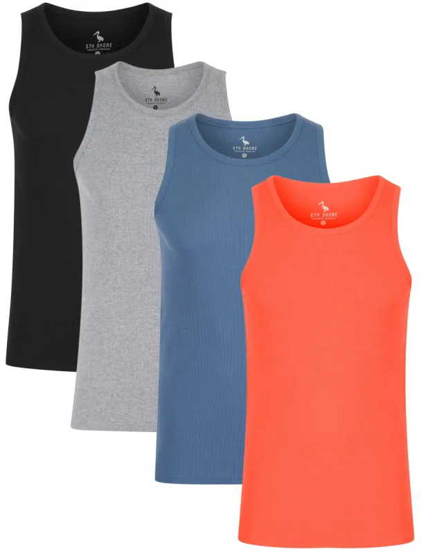 Victory 4 Pack Cotton Ribbed Sleeveless Vest Tops in Hot Coral / Light Grey Marl / Jet Black / Blue Horizon - South Shore sold by Tokyo Laundry