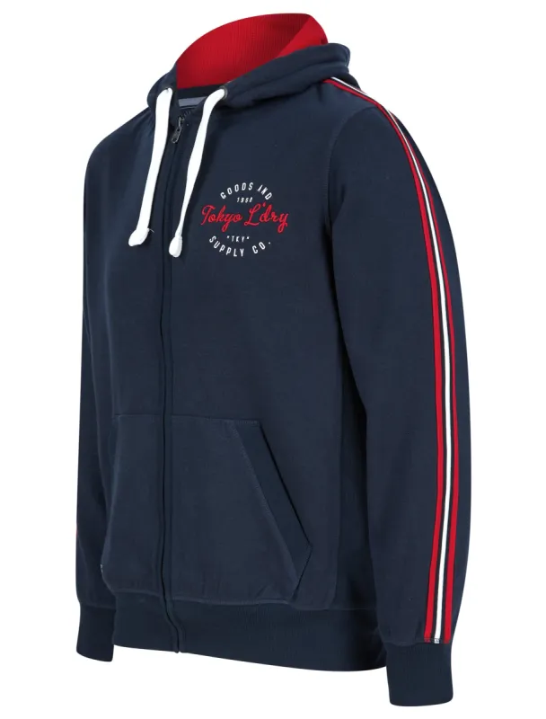 Taper Brushback Fleece Zip Through Hoodie with Tape Sleeve Detail in Sky Captain Navy - Tokyo Laundry sold by Tokyo Laundry