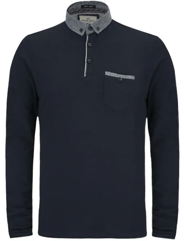 Herac Chambray Collar Long Sleeve Polo Shirt in Navy made by Tokyo Laundry