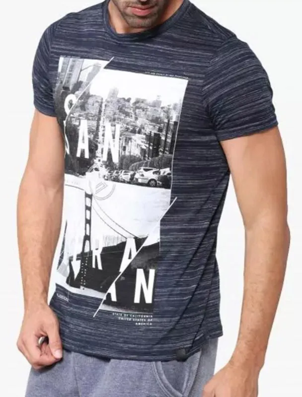 San Fran Split Motif Space Dye Crew Neck T-Shirt In Navy - Dissident sold by Tokyo Laundry