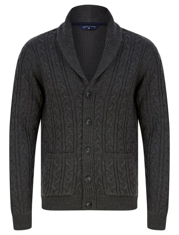 Manji 2 Chunky Cable Knitted Cardigan with Shawl Collar in Charcoal Marl - Tokyo Laundry sold by Tokyo Laundry