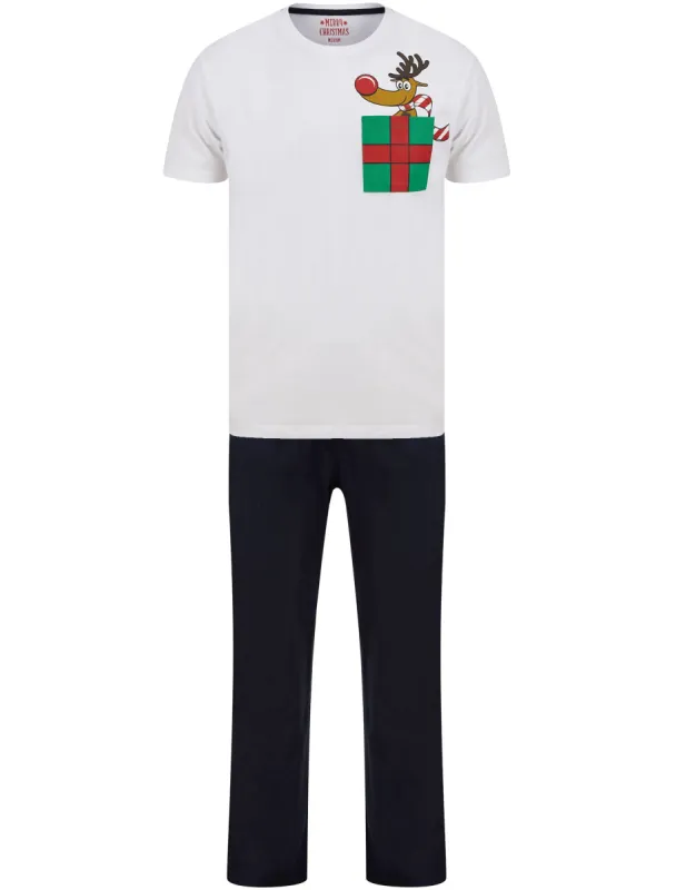 Men's Rudolph Pocket 2pc Lounge Pyjama Set in White / Navy - Merry Christmas sold by Tokyo Laundry