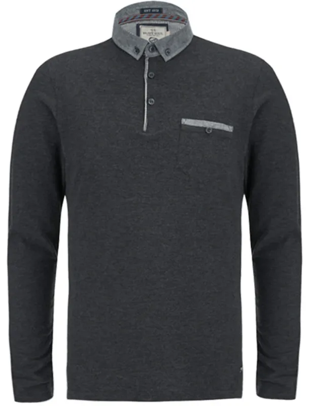 Herac Chambray Collar Long Sleeve Polo Shirt in Charcoal sold by Tokyo Laundry