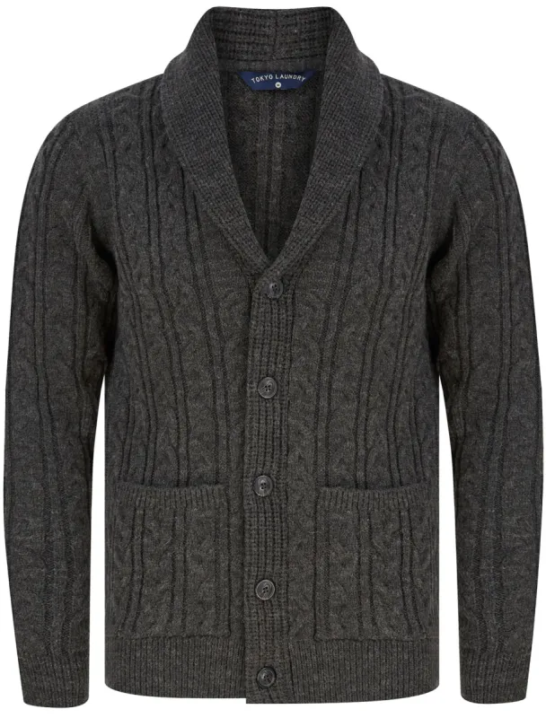Manji Cable Knitted Wool Blend Cardigan with Shawl Collar In Charcoal Marl - Tokyo Laundry sold by Tokyo Laundry