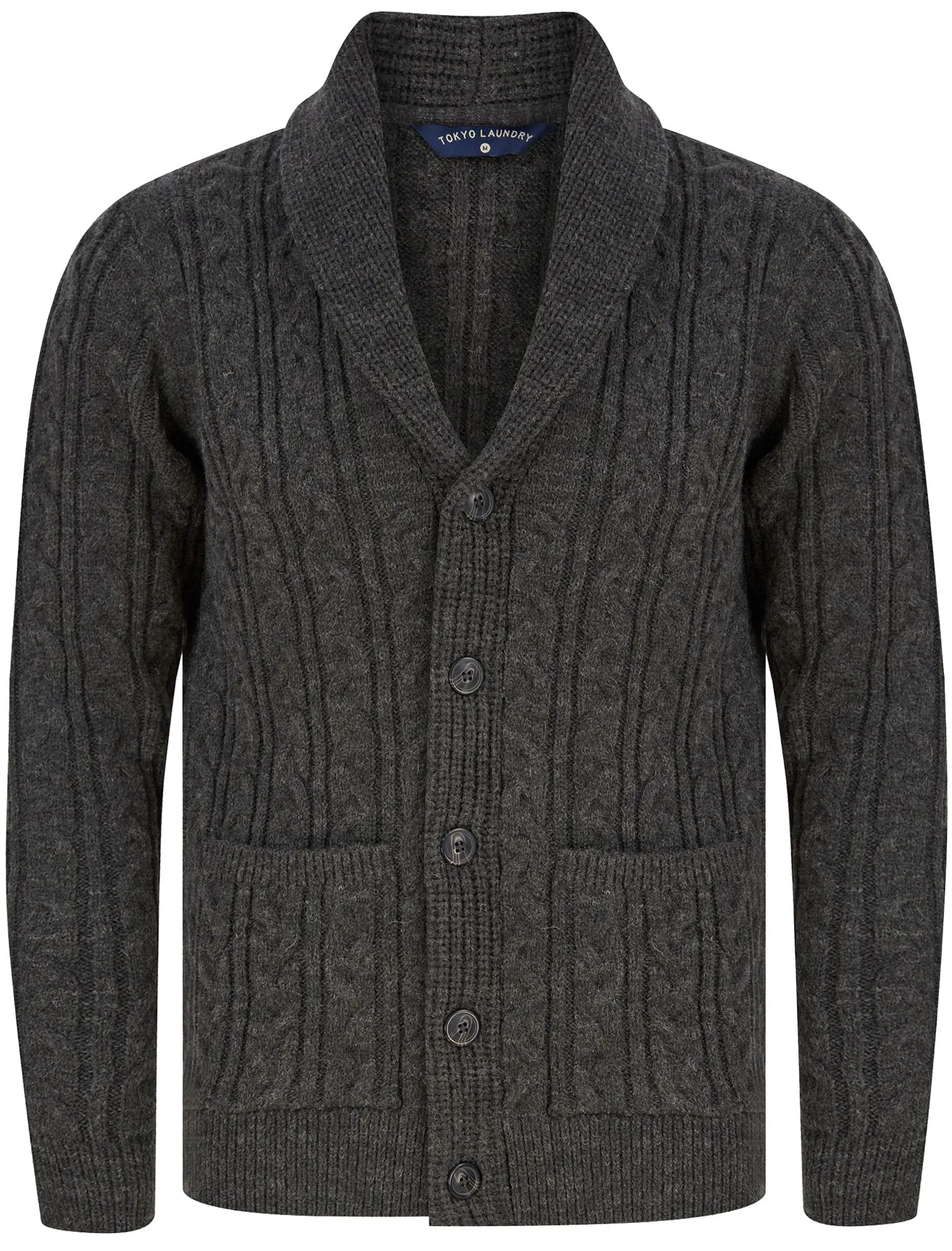 Manji Cable Knitted Wool Blend Cardigan with Shawl Collar In Charcoal Marl - Tokyo Laundry sold by Tokyo Laundry