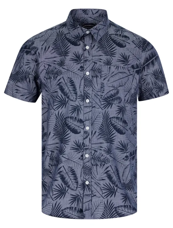 Kaveri Palm Leaf Print Short Sleeve Cotton Chambray Shirt in Mid Blue - Tokyo Laundry sold by Tokyo Laundry