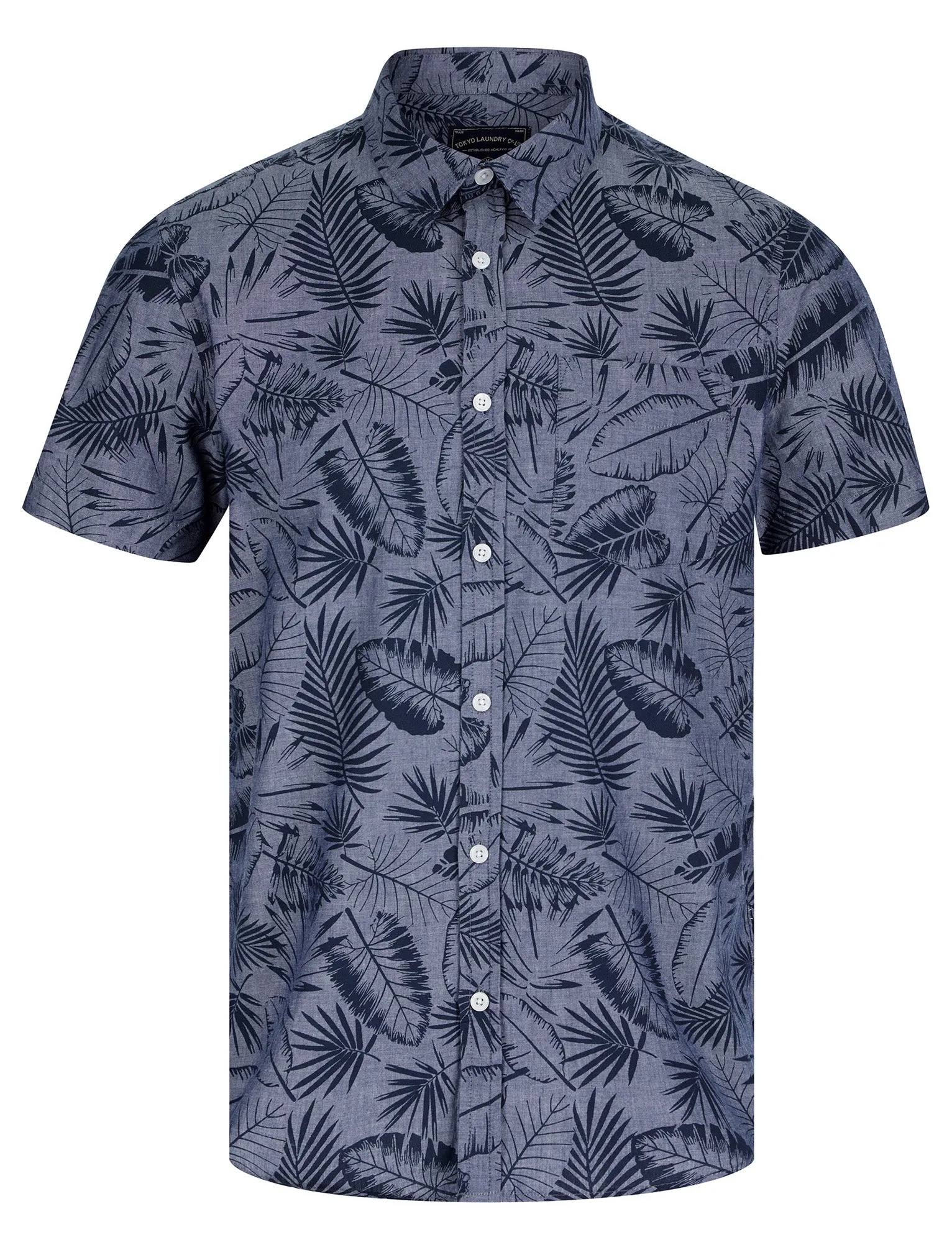 Kaveri Palm Leaf Print Short Sleeve Cotton Chambray Shirt in Mid Blue - Tokyo Laundry sold by Tokyo Laundry