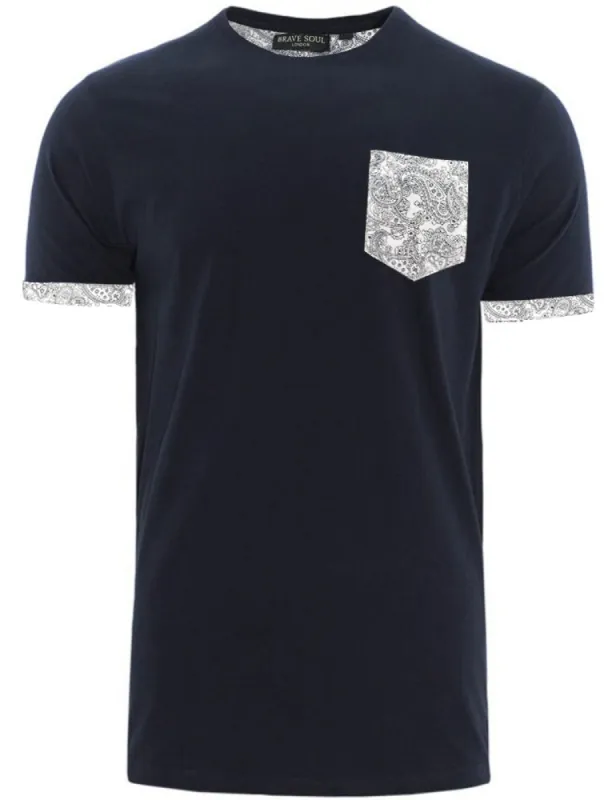 Paisley Printed Roll Sleeve Cotton T-Shirt in Navy sold by Tokyo Laundry