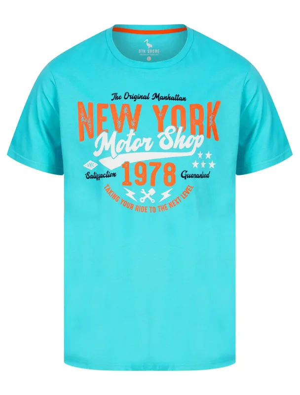 Manhattan NY Motif Cotton Jersey T-Shirt in Blue Curacao - South Shore sold by Tokyo Laundry