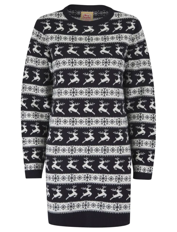 Women's Vixen Novelty Knitted Christmas Jumper Dress in Ink - Merry Christmas sold by Tokyo Laundry